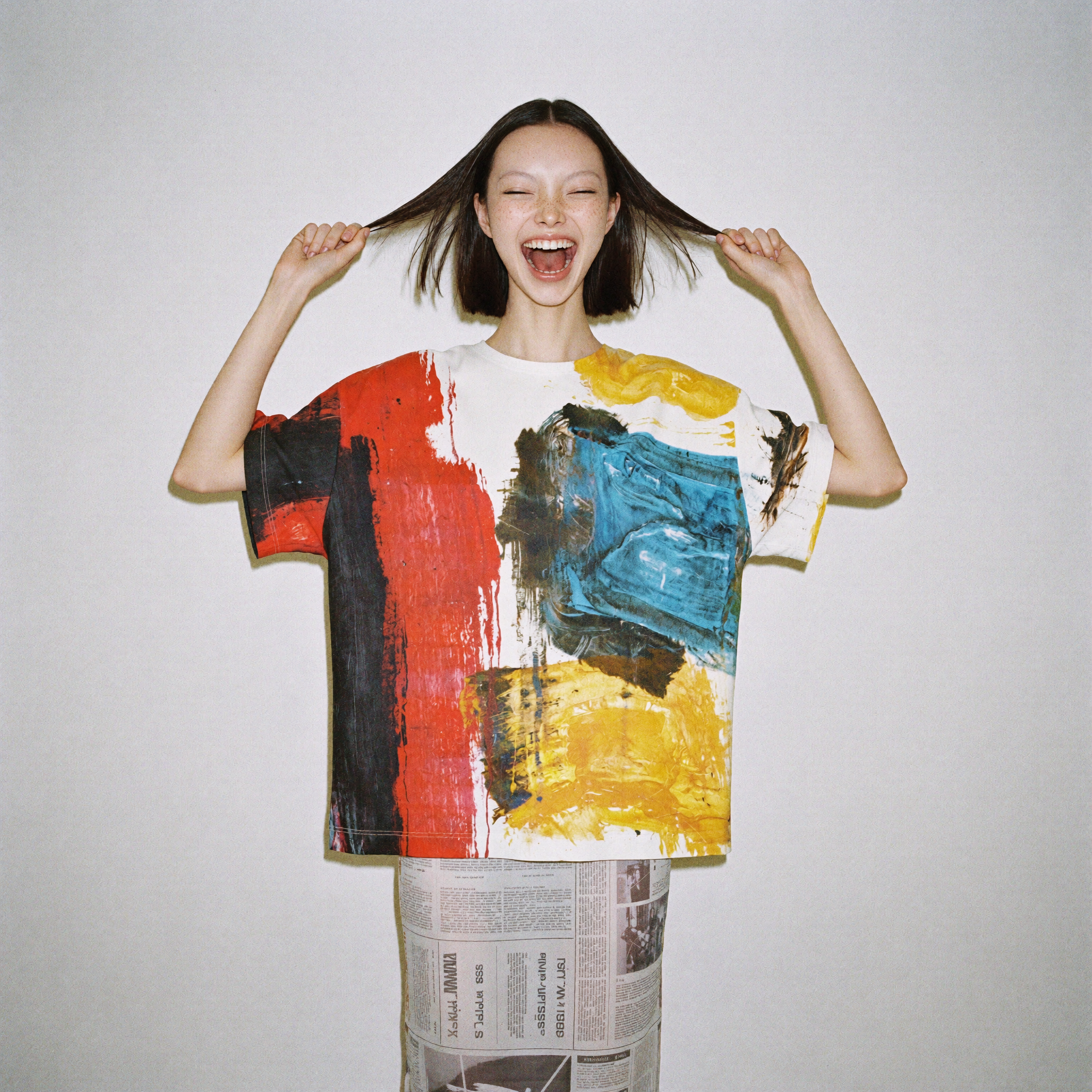Kikai smiling and pulling her hair in a painted editorial look